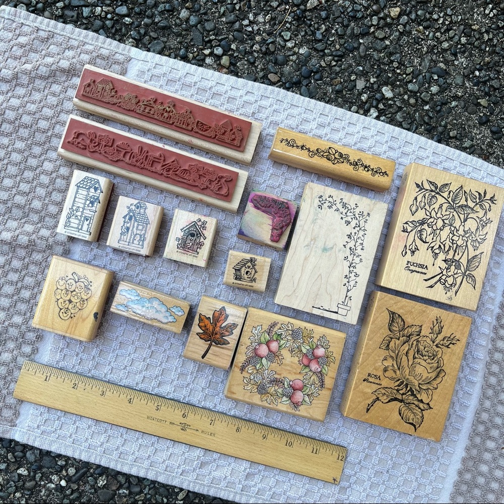 Vintage Rubber Stamp Lot country, birdhouses, flowers, Boarders stamps